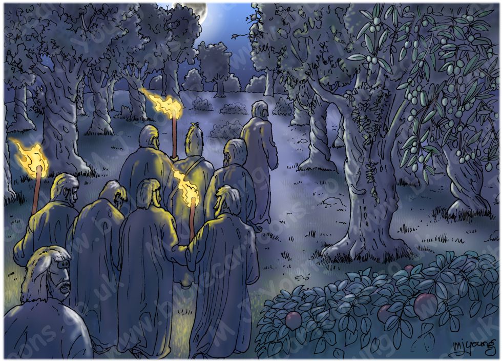 John 18 - Jesus betrayed and arrested - Scene 01 - Olive grove 980x706px col