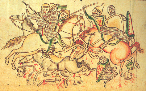 Miniature représentant des chevaliers et fantassins se battant au-dessus de morceaux de corps ensanglantée.