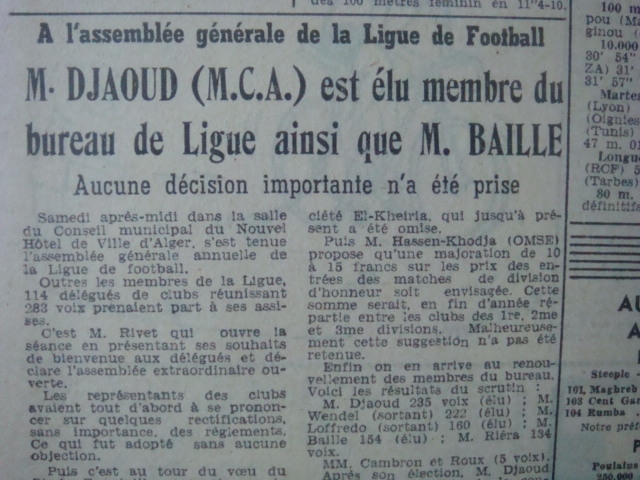 Sam 28.6.1952 Djaout est élu au bureau de la ligue