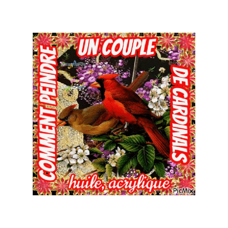Dessin et peinture - vidéo 3636 : Un couple de cardinals dans un décor de pruniers en fleur - huile, acrylique.
