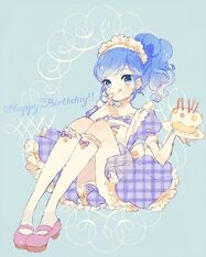 ✮ ANIME ART ✮ meido. . .maid uniform. . .costume. . .cosplay. . .apron. . .blue hair. . .ponytail. . .headdress. . .ribbons. . .petticoat. . .ruffles. . .knee socks. . .birthday. . .cake. . .frosting. . .cute. . .kawaii