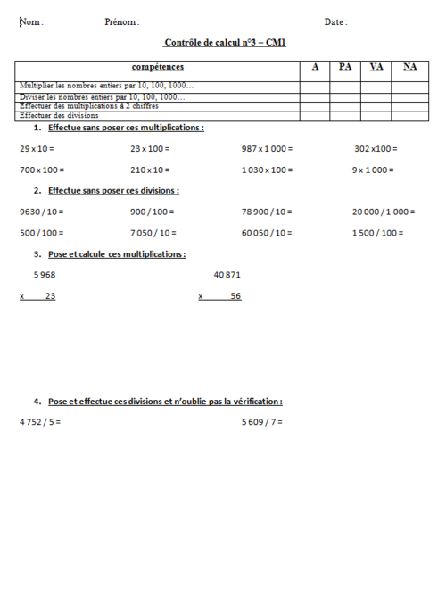 mathématiques : contrôle - évaluation de calcul période 3 - CM1