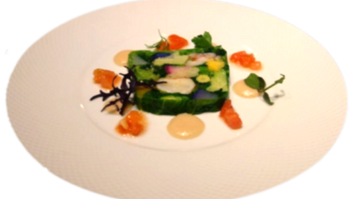 Médaillon de homard et de légumes en gelée.