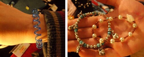 Bracelet de plastique torsadé - Bracelet en perles de couleur turquoise et argentées avec ses charms coeur - Bracelet en perles de rocailles maron et perles de cultures fantaisies