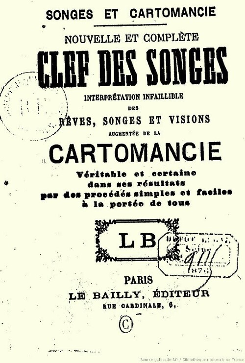 Clef des songes : Interprétation infaillible des rêves, songes et visions (Editeur Le Bailly, Paris. 1876). 
