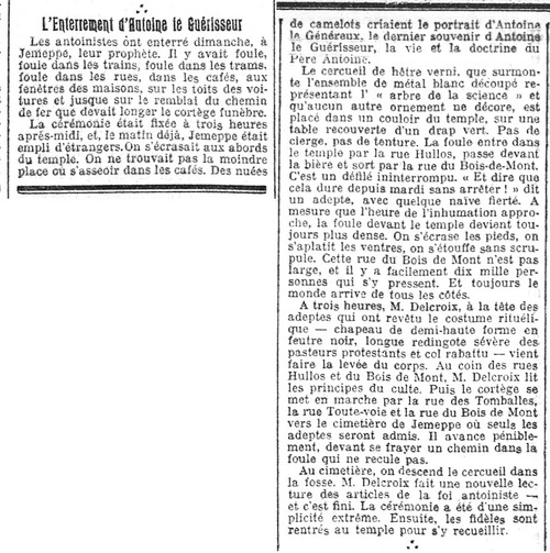 L'Enterrement d'Antoine le Guérisseur (Gazette de Charleroi, 2 juillet 1912)(Belgicapress)