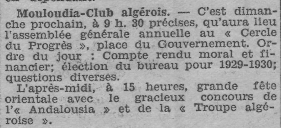 Dimanche 7.7.1929 Election du Bureau du Mouloudia