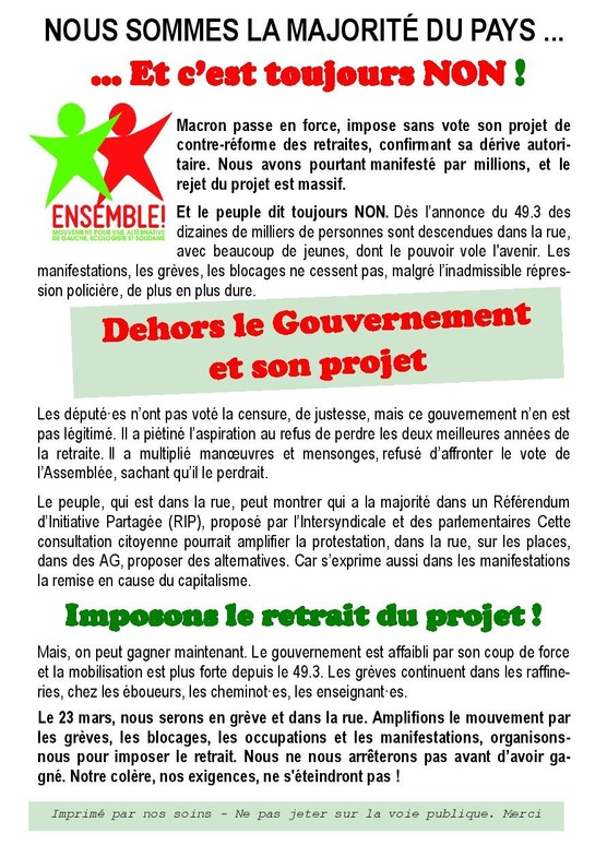 Retraites - Vers la mobilisation du 23 mars - Un message d'Ensemble ! Le Havre
