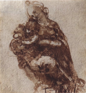 Dessin à l’encre brune de la Vierge Marie tenant sur ses genoux l’Enfant Jésus qui embrasse un chat.