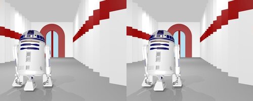 R2-D2 en balade dans un corridor de syle UFO