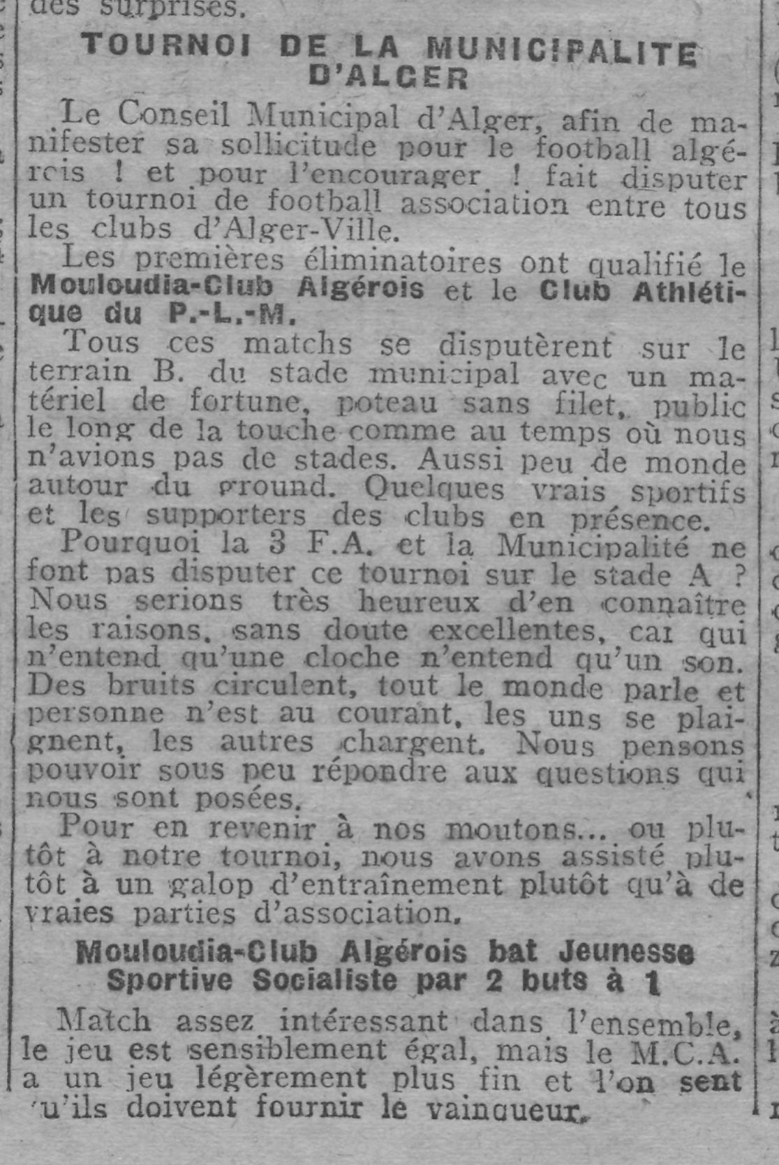 Dimanche 7.9.1924 au Municipal (Stade B) Coupe de la Municipalité MCA-JSS (Jeunesse sportive Social