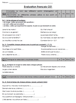 Evaluation grammaire - conjugaison - vocabulaire n°1 CE1