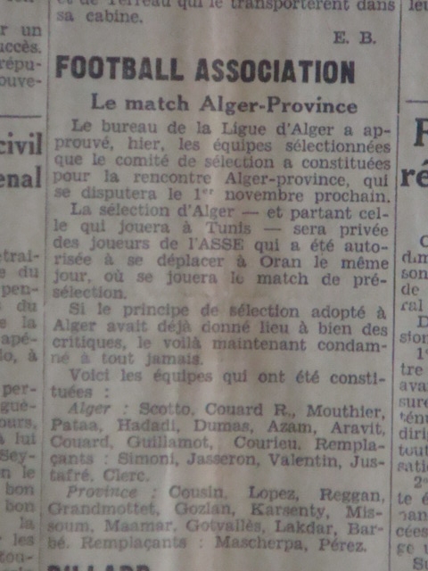 Dimanche 13.11.1932 sélection tunis-sélection alger 1-0 avec les mouloudiens belhadj mâamar (titu