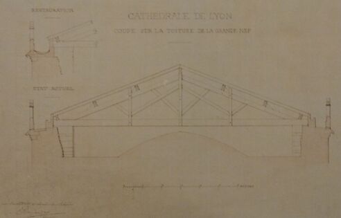 Coupe sur une charpente triangulaire basse (angles adjacents à la base du triangle très aigus).