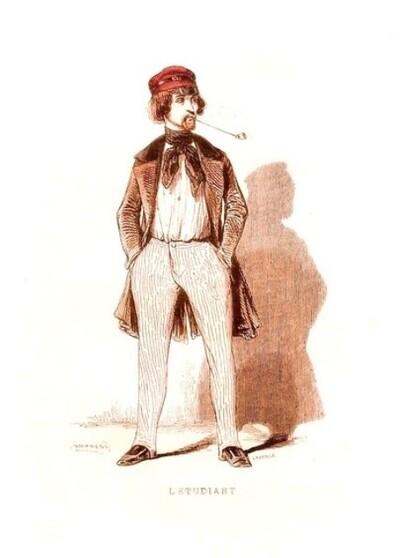 L'étudiant de Paris (lithographie originale, dessinée par Gavarni et gravée par Lavieille. Années 1830-1840)