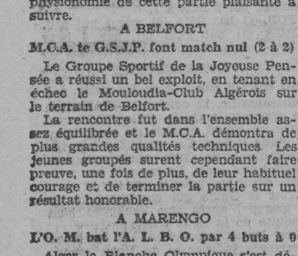 Dimanche 13.10.1929 à Belfort MCA-GSJP (Groupe Sportif de la Joyeuse Pensée) 2-2