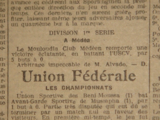 4.1.1925 MCM ( Mouloudia Club Médéen) écrase l\'USCV 5-0