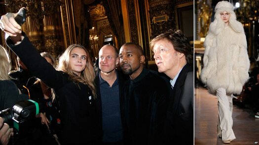 Model Cara Delevingne takes a selfie with actor Woody Harrelson, rapper Kanye West and Sir Paul McCartney