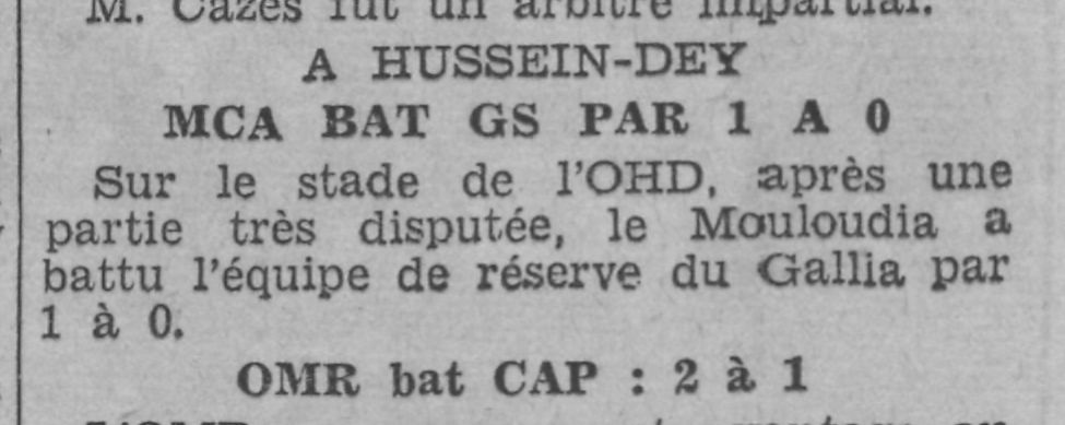 Dimanche 17.9.1933 à Hussein Dey coupe municipalité MCA-Gallia SA 1-0