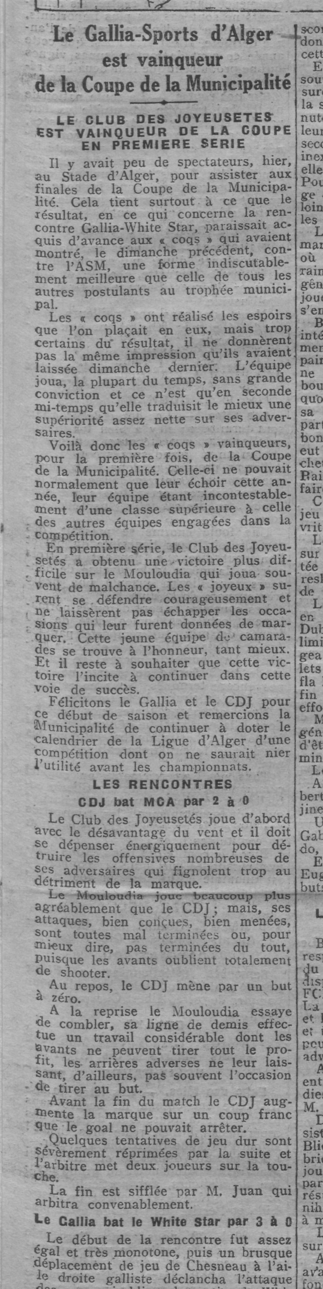 Dimanche 23.9.1928 au Municipal Finale coupe de la Municipalité CDJ-MCA 2-0
