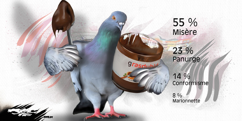 dessin de JERC du lundi 29 janvier 2018 caricature Pigeon Nutella Mega promo sur le nutella le 8 février place de la République à Paris. www.facebook.com/jercdessin