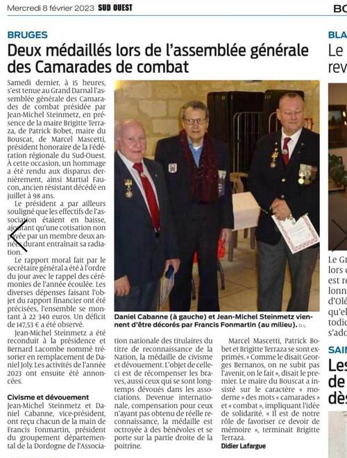 Assemblée générale des Camarades de Combats de Bruges et Evadés de France du 4/02/2023