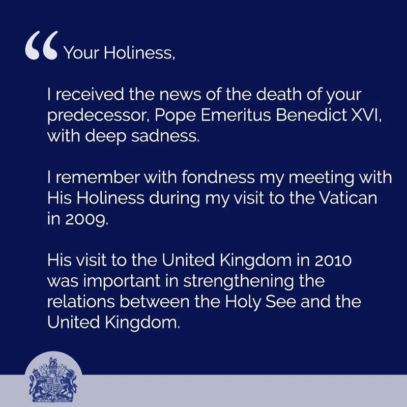 Message du roi Charles III à l'occasion du rappel à Dieu du pape Benoît XVI