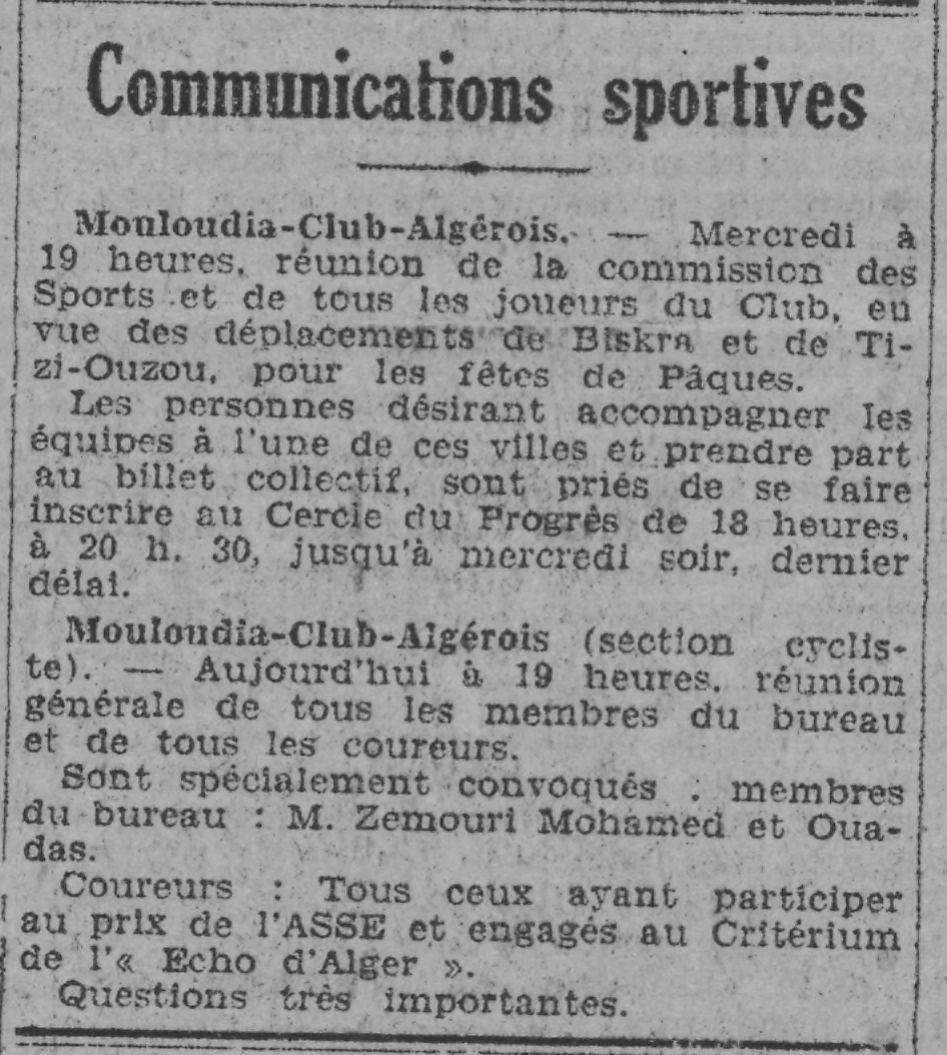 Mercredi 1.4.1931 préparation départ pour Biskra et Tizi Ouzou, tournoi amical