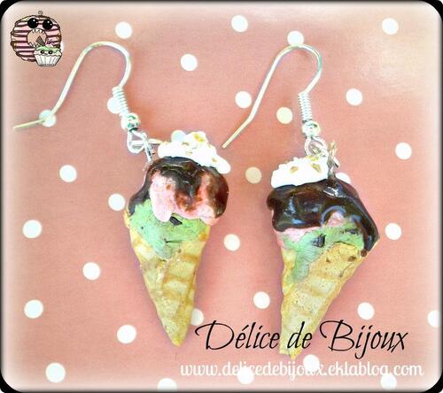 Jeu concours chez Délice de Bijoux, lot boucle d'oreille Cornet Menthe Framboise