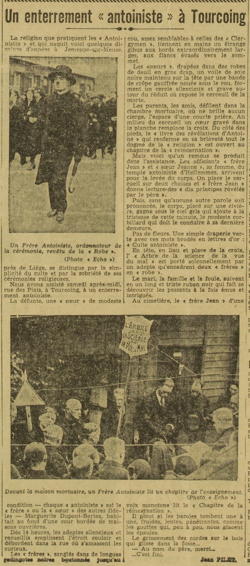 Un enterrement antoiniste à Tourcoing (Le Grand écho du Nord de la France 24 sept 1933)