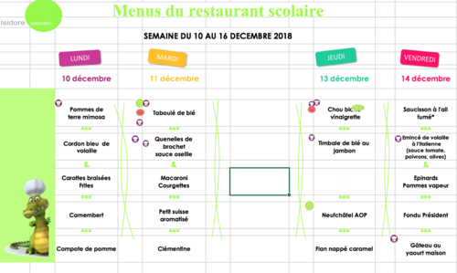 Menu du 10 au 16 décembre 2018