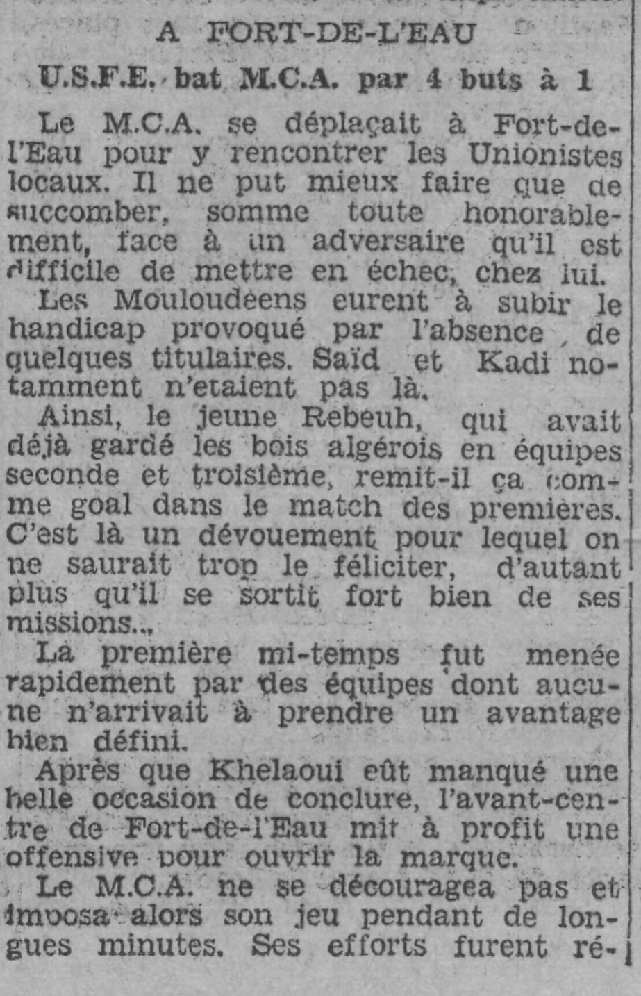 Dimanche 27.11.1932 à Fort de l'Eau USFE-MCA 4-1