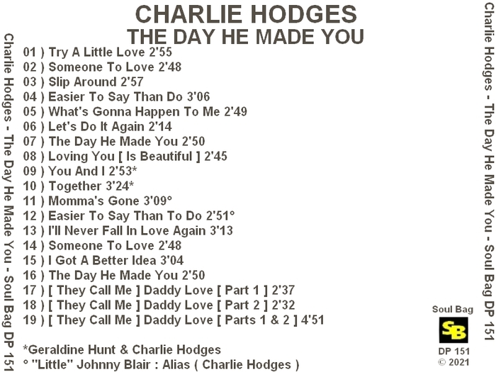 Charlie Hodges : CD " The Day He Made You " Soul Bag Records DP 151 [ FR ]