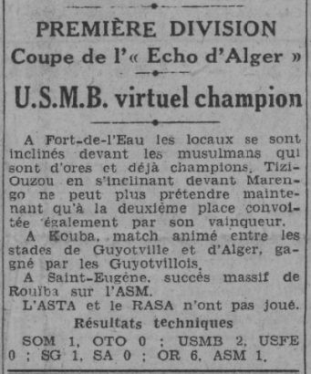 0 D 29.3.1942 USMB champion de 1ère division