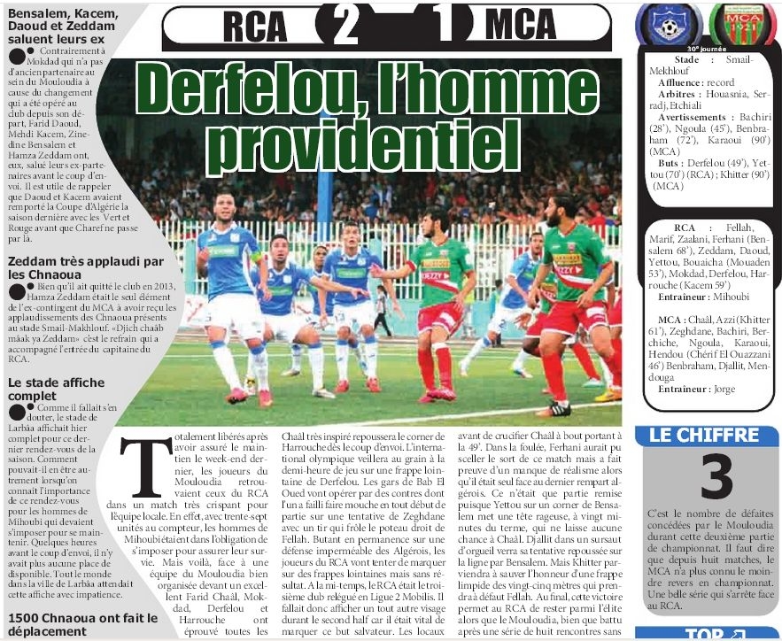 Vendredi 29.05.2015 à l\'Arbaâ RCA-MCA 2-1 le mouloudia 11ème