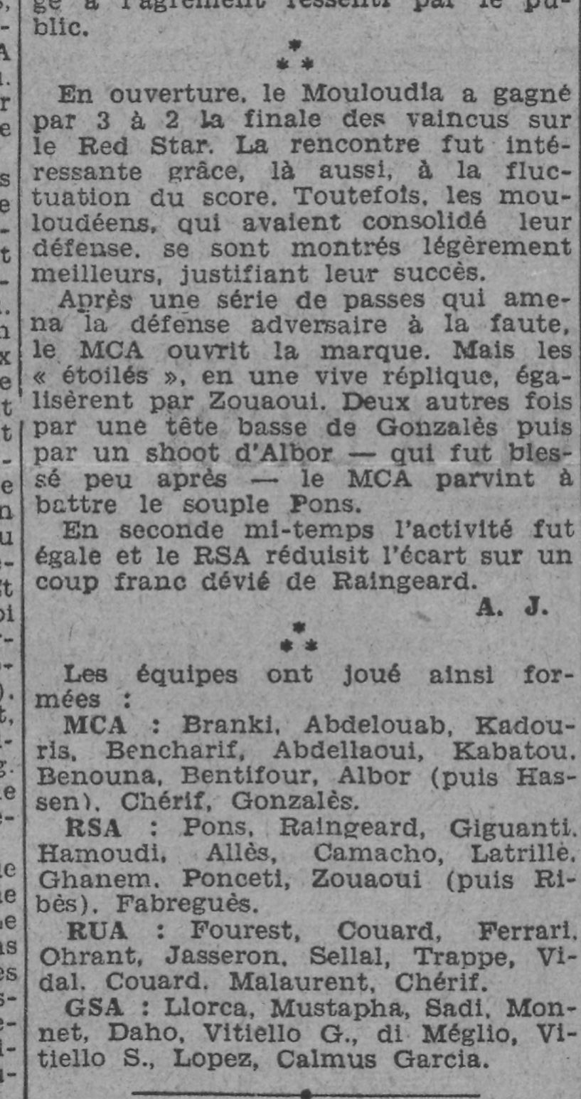 29.9.1940 Tournoi de la ville d'Alger 2ème journée  RSA-MCA 2-3