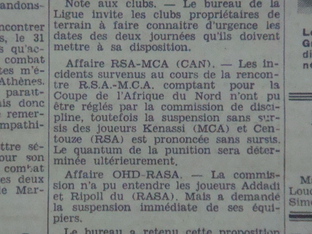 27.9.1936 le mca élimine le rsa en coupe afn, les réserves n\'ont pas aboutis