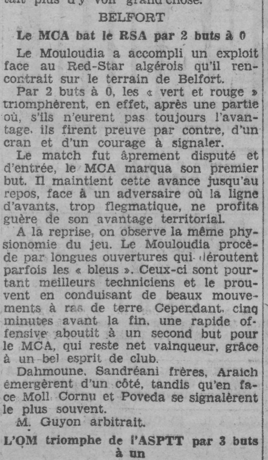 Dimanche 1.12.1929 à Belfort RSA (Red Star d'Alger)-MCA 0-2