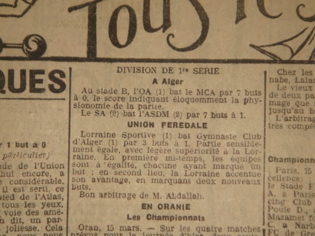 15.3.1925 Olympique Algérois et Kheloui écrasent le Mouloudia 7-0