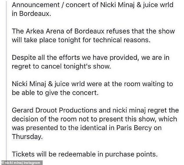 Poorly worded: A statement haphazardly translated from French to English was posted to Nicki's Instagram address the cancelation