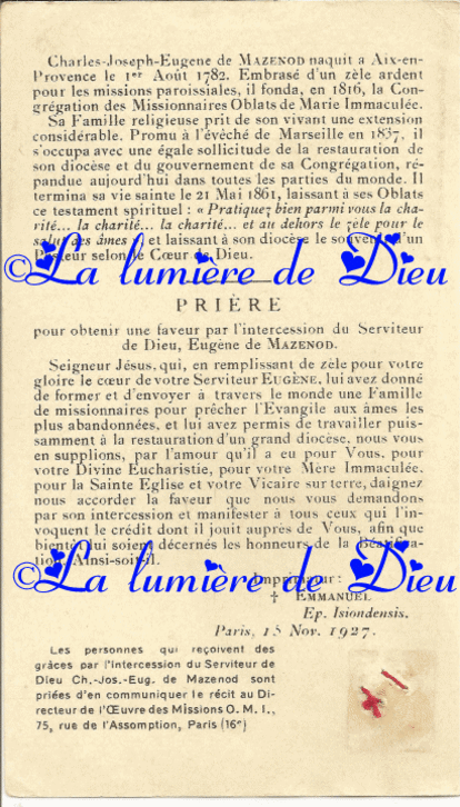 Prière pour obtenir une faveur par l'intercession du Serviteur de Dieu Eugène de Mazenod