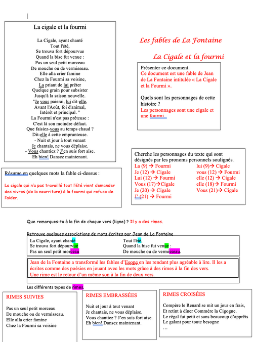 Fiche de travail : "Le Cigale et la Fourmi"