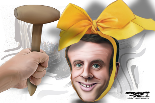 dessin de JERC dessinateur du mardi 11 Avril 2023 caricature Emmanuel Macron Les cloches vont sonner fort