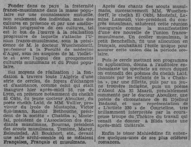 Dimanche 18.4.1937 Laid Al Khalifa et Cheikh El Okbi inauguration cercle culturelle franco musulman