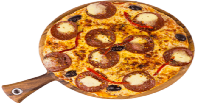 Pizza au salami, fromage de chèvre, poivrons, olives.