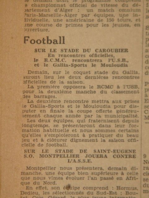 Dimanche 19 juin 1932 à caroubier Finale Coupe de la Municipalité Gallia SA-MCA 1-0