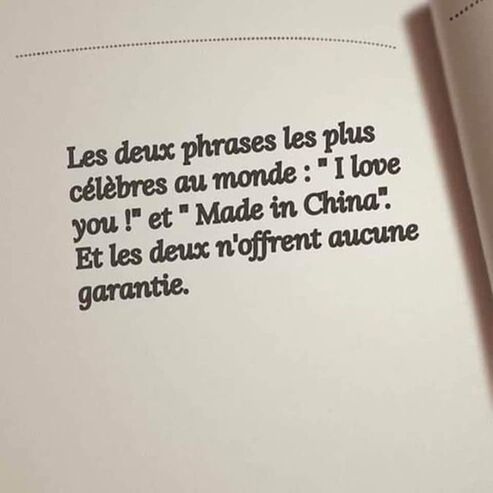 Peut être une image de texte qui dit ’Les deux phrases les plus love célèbres au monde you !" et Made in China". Et les deux n'offrent aucune garantie.’