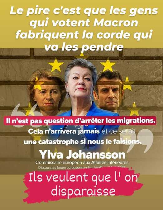 Peut être une image de 2 personnes et texte qui dit ’Le pire c'est que les gens qui votent Macron fabriquent la corde qui να les pendre n'est pas question d'arrêter les migrations. Cela n'arrivera jamais et ce serait une catastrophe si nous le faisions. Ylva Johansson Commissaire européen aux Affaires intérieures Discours au forum européen surl Ils veulent que l' on disparaisse’