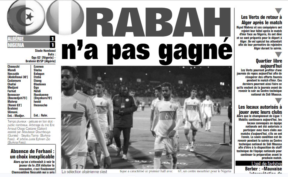 Vendredi 10.11.2017 à Constantine EN-Nigéria 1-1 ( 3-0 sur tapis vert)