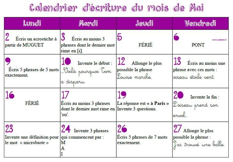 Calendriers d'écriture CE1 2015-2016